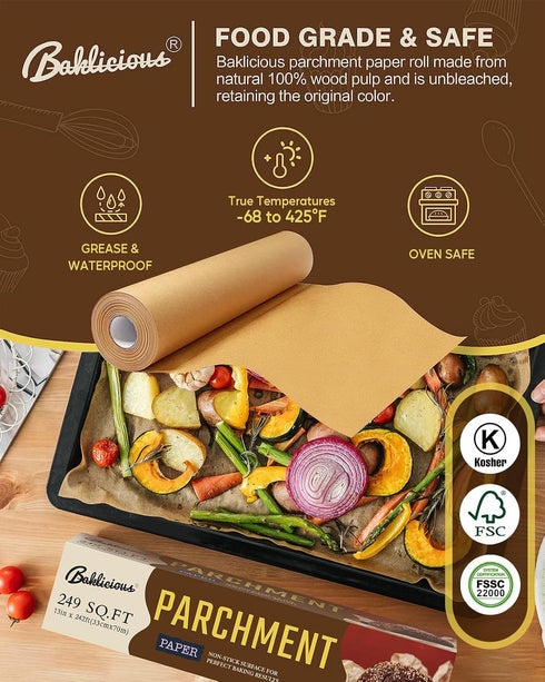 Unbleached Parchment Paper Roll for Baking, 13 in x 242 Ft, 249 Sq.Ft, Baklicious Non-stick Baking Parchment Paper for Baking, Cookies, Bread, Ove...