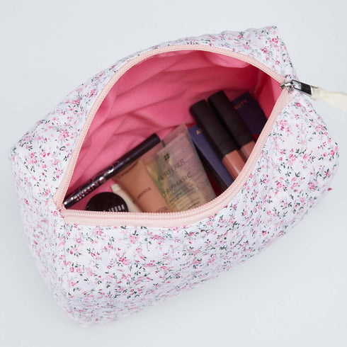 Quilted Cosmetic Bag for Women (Pink Flowers), Cotton Makeup Bag, Kawaii Cosmetic bag, Floral pouch, Floral cosmetic bag, Large Travel Toiletry Ba...