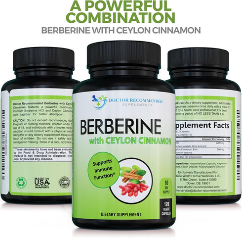 DOCTOR RECOMMENDED SUPPLEMENTS Berberine with Ceylon Cinnamon - 1200mg Berberine & 100mg Organic Ceylon Cinnamon - 120 Veggie Capsules, Healthy Im...
