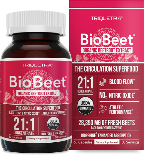BioBeet® Max Strength Beet Root Capsules - 21:1 Concentrate, Each Serving Derived from 28,350 mg Organic Beetroot - Absorption Enhancement with Bi...