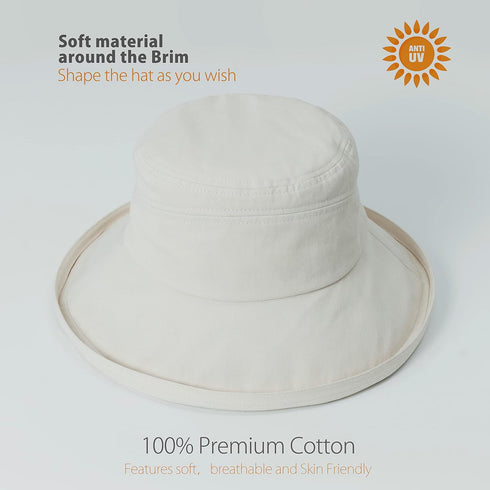 100% Cotton Women Sun Hats Wide Brim Gardening Bucket Hat Travel Sun Protection Packable Womens Beach Cap -Fold-UP Brim...