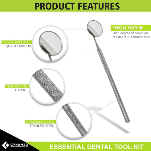 Cynamed Essential Dental Tool Kit Premium Stainless Steel Pick Oral Care Kit Hygiene Tooth Scraper Tartar Dental Scaler Tweezers Mouth Mirror for ...