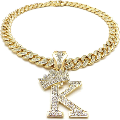 Hip Hop Alphabet Initial K Pendant & 12mm 18" Full Iced Box Lock Cuban Chain Necklace...