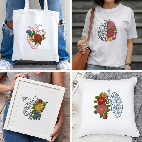 BEUNITONE 4 PCS Brain Embroidery Kit Heart Flower Cross Stitch Kit for Adults Lung Embroidery Starter Kit Bone Needlepoint Kit for Beginners Inner...