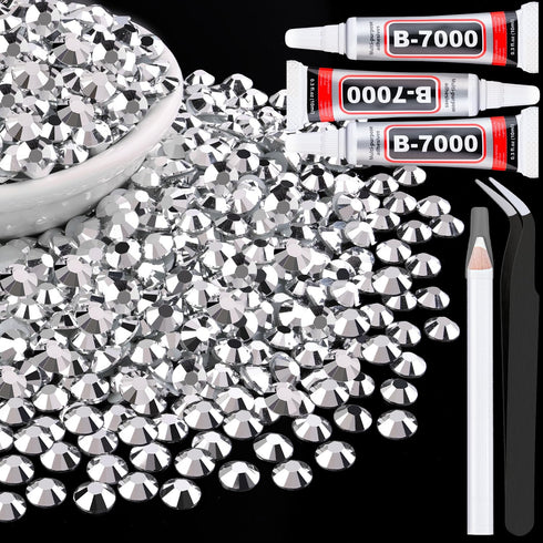 3000Pcs 5mm Resin Rhinestones with 3Pcs 10ml B7000 Jewelry Glue for Crafting, Silver Large Amount Flatback Gems, Bedazzling Crystal Bulk for DIY C...