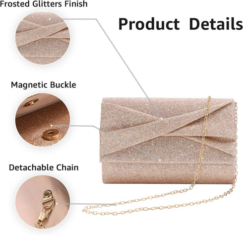 Rose Gold Clutch Purses for Women, Evening Handbags with Detachable Chain for Wedding Party, Women’s Small Sequin Champagne Clutch...