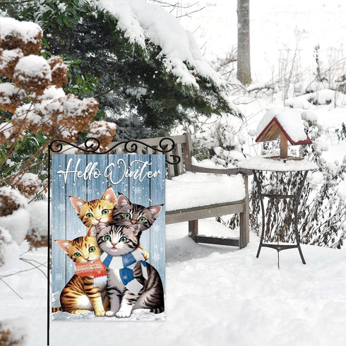 Cat Hello Winter Scarf Snowy Small Decorative Garden Flag,Cute Outdoor Blue Garden Flag,Snow Christmas Holiday Outside Decorations Yard Flag,Chris...