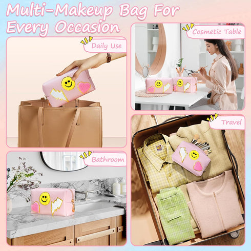 WECOOL Preppy Makeup Bag, Waterproof PU Leather Smiley Face Patch Makeup Bag Preppy, Travel Makeup Bag with Plenty of Space, Portable Cute Toiletr...