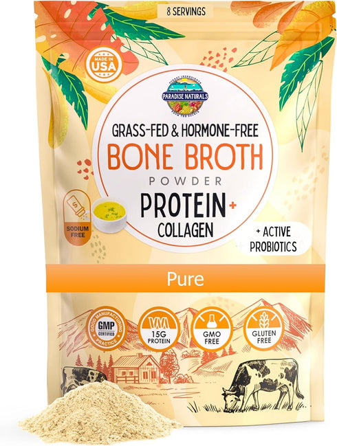100% Grass-Fed Organic Beef Bone Broth Protein Powder, Active Probiotics, Collagen Peptide Rich, 15g Protein, Non-GMO, Low Sodium, Healthy Skin, G...