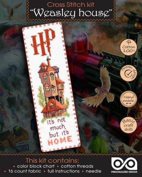 Counted Cross Stitch Kit 'It's not much but it's Home' - DIY Bookmark Embroidery Set with The Burrow, Weasley family home; Paper Pattern, presorte...