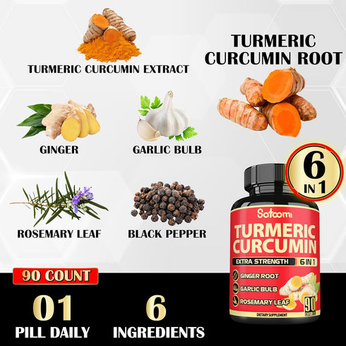 6in1 Turmeric Curcumin Supplement - 3 Month Supply - 95% Curcuminoids with Ginger Root, Garlic Bulb, Rosemary & Black Pepper - 90 Capsules...