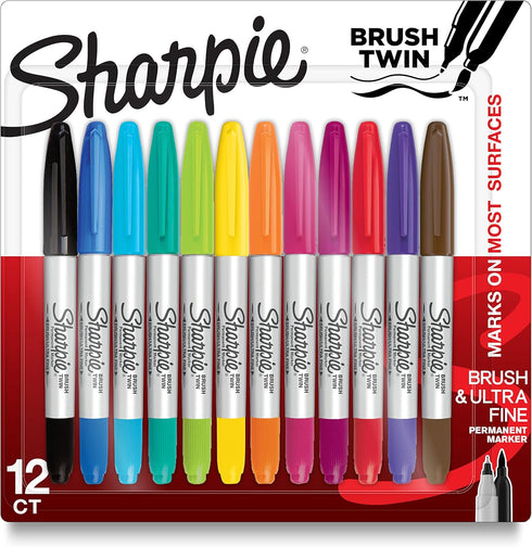SHARPIE Brush Twin Permanent Markers, Brush Tip Marker and Ultra Fine Tip Marker, Assorted, 12 Count...