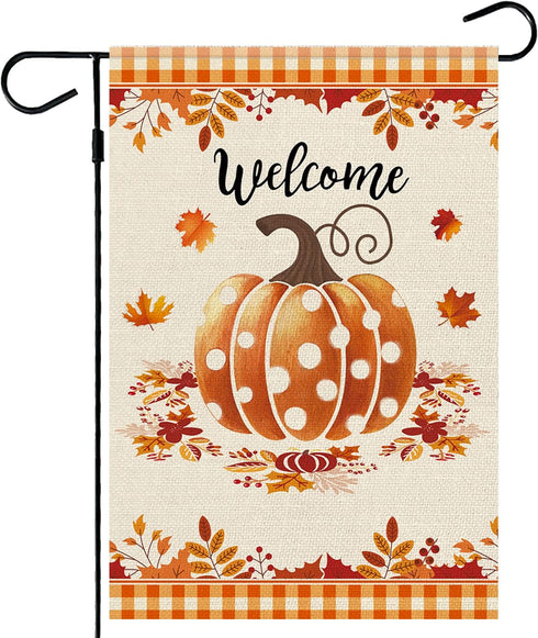 Leaves Fall Garden Flag?Welcome Pumpkin Fall Flag 12X18inch?Double Faced Linen Material ?Outdoor Fall Decor?Farmhouse Welcome Banner Pumpkin Decor...