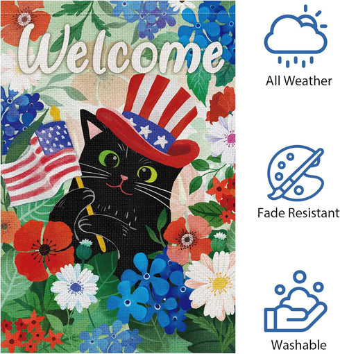 Welcome 4th of July Black Cat Garden Flag 12x18 Inch Double Sided Burlap, Patriotic USA Flag Memorial Day Flower Yard Flag for Independence Day Ou...