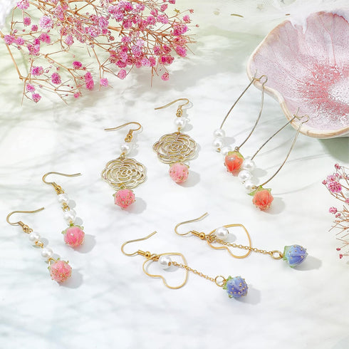 SUNNYCLUE 1 Box DIY 10 Pairs Flower Charms Earring Making Kit Hollow Charms for Jewelry Making Rose Charms Heart Link Rings Resin Flowers Charms I...