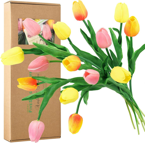 FiveSeasonStuff 15 Stems Real Touch Artificial Tulips – Lifelike Faux Flowers for Home, Weddings, Gifts & Spring Floral Décor (Festive Bloom – Ora...