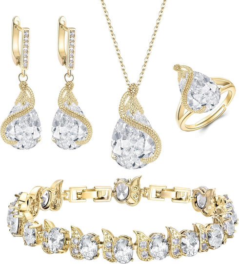 EVER FAITH Wedding Jewelry Set for Bride Bridesmaid, Glamour Teardrop Cubic Zirconia Pendant Necklace Earrings Tennis Bracelet Open Ring Sets for ...