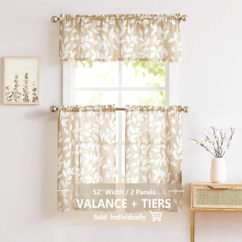 Treatmentex Leaf Valance Window Curtain for Kitchen Basement Bedroom 52" W x 15" L Taupe and White 1 Panel...