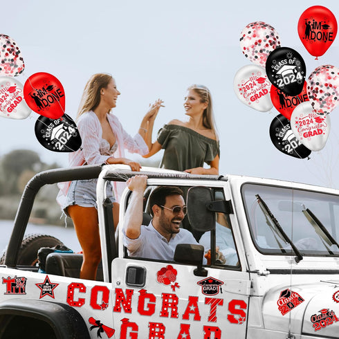 45pcs 2024 Graduation Car Magnets Balloons Decorations Red and Black Grad 2024 Graduation Fridge Magnets Car Garage Door Magnetic Stickers Class o...