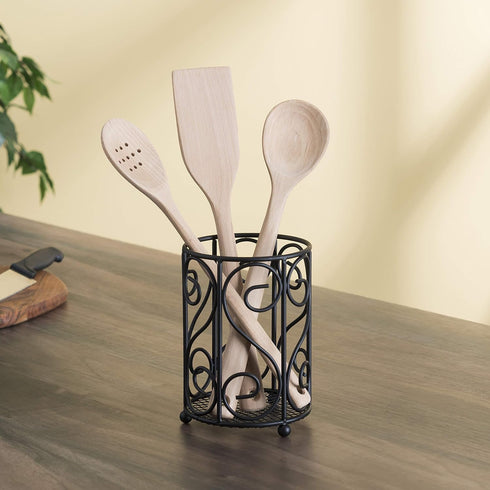 Scroll Design Cutlery Holder For Countertop, (Black), By Home Basics | Steel Flatware Caddy For Kitchen | Spoon Fork Holder With Raised Feet | Cut...