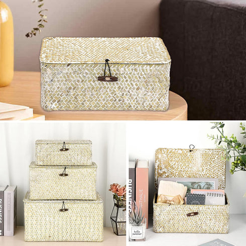 Hipiwe Wicker Shelf Baskets Bin with Lid Natural Seagrass Basket Storage Boxes Small Woven Basket Multipurpose Home Organizer Bins Box for Shelf C...