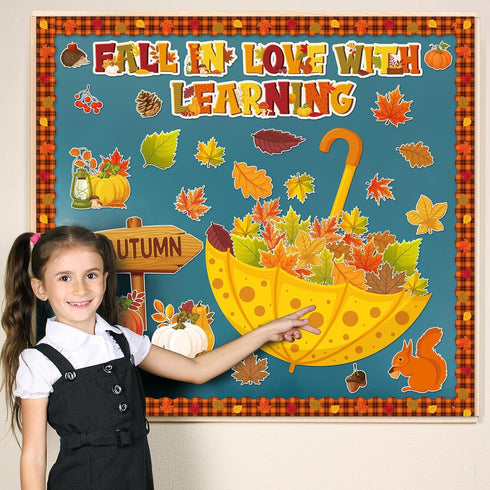 Qilery Fall in Love with Learning Bulletin Board Set Autumn Maple Leaves Pumpkin Cutouts Fall Theme Classroom Decorations for Thanksgiving School ...