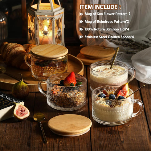 LANDNEOO 4pcs Set Vintage Coffee Mugs gifts for women, Overnight Oats Containers with Bamboo Lids and Spoons - 14oz Clear Embossed Glass Cups, Cut...