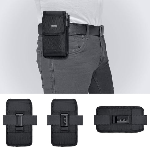 PiTau Holster for iPhone 15, 15 Pro, 14, 14 Pro, 13, 13 Pro, 12, 12 Pro, 11, XR, Black Nylon Cell Phone Belt Holder Case with Clip Carrying Pouch ...