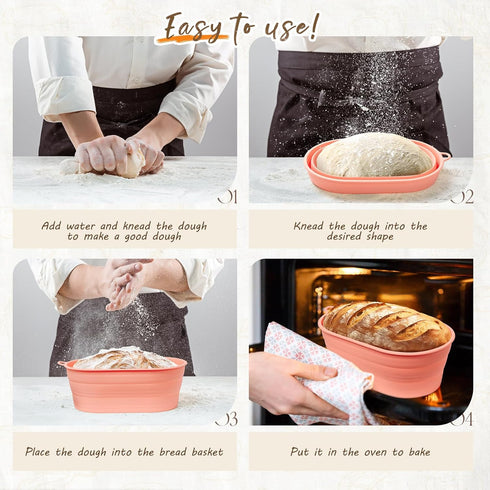 Silicone Bread Proofing Basket - 10 inch Oval Sourdough Bread Baking Basket with Capacity Scale, Collapsible Bread Bowls Silicone Proofing Baskets...