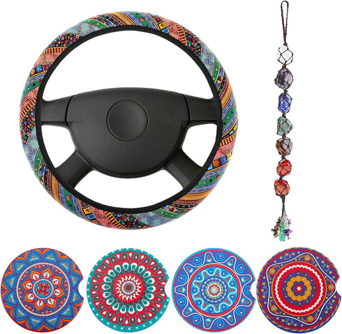 6 Piece Mandala Car Accessories Set Include Boho Steering Wheel Cover Absorbent Mandala Ceramic Coasters Handmade Crystal Window Car Hanging Ornam...