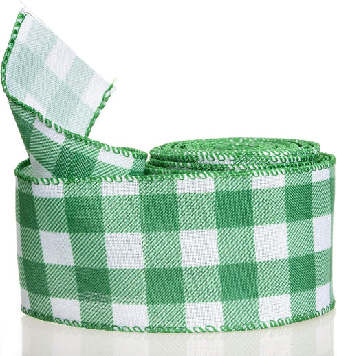ATRBB Green and White Buffalo Plaid Ribbon Wired Edge Gingham Ribbon for St Patrick's Day Decoration and Bows Craft,10 Yards by 2.5 Inches...