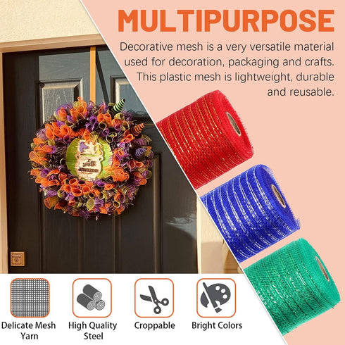 3 Rolls Mesh Ribbon, Christmas Deco Mesh Metallic Red Green Navy Blue Mesh Ribbon Rolls for Wreaths, Gift Wrapping, Party Decorations (6 Inch x 10...