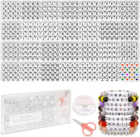 1450 Pieces Letter Beads Kit, 4x7 mm White Acrylic Alphabet Beads Letter Beads for Jewelry Making Number Beads Heart Beads Friendship Bracelet Bea...