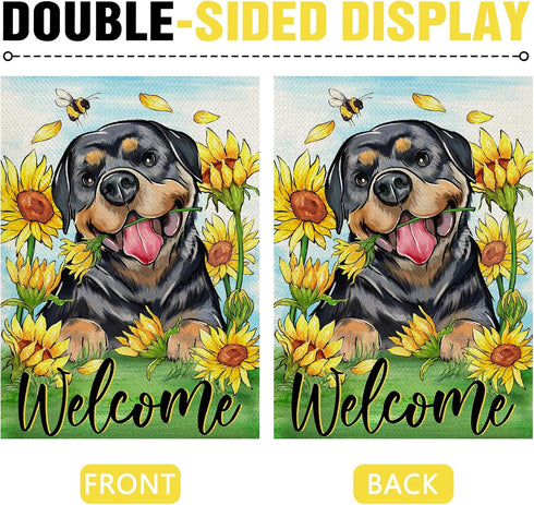 Welcome Spring Summer Rottweiler Dog Decorative Garden Flag, Sunflower Pet Yard Outside Home Decoration Dog Lover Gifts, Floral Flower Bee Seasona...