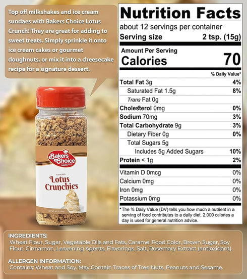 Baker's Choice Lotus Crunch Topping - Lotus Flavored Crunchy Sprinkles for Ice Cream Sundae Toppings - 6.5 Oz. - Dairy Free, Kosher - Baker’s Choi...