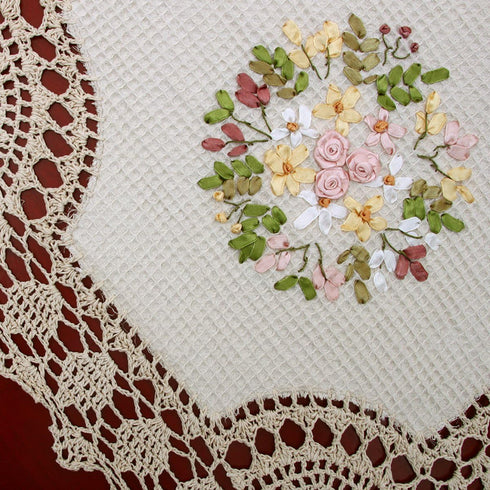 Grelucgo Handmade Crochet Cotton Lace Table Runner Dresser Scarf, Ribbon Embroidery, Rectangle 16 x 56 Inches...