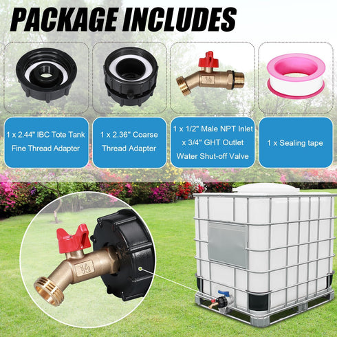 IBC Tote Adapter, 275-330 Gallon ibc tote fittings 2.44" Fine Thread Tote Valve Lead-Free Brass Hose Faucet Valve Tool with Ball Valve for Garden ...
