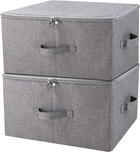 Folding Storage Box with Zip Lid and Handles, Rigid Storage Baskets With Linen Fabric& Plastic Board, Closet Shelf Drawers,Dark Gray, 2 pcs...