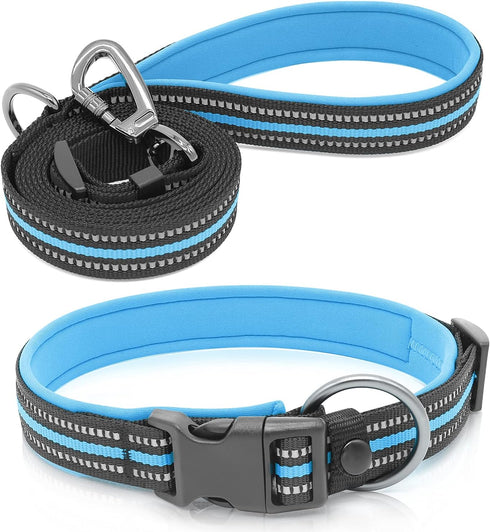 BSEEN Reflective Dog Collar and Leash Set - Adjustable Nylon Dog Collar& Leash with Neoprene Padded, Heavy Duty Dog Collar with 5 Feet Dog Lead fo...
