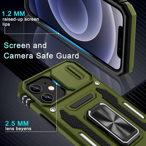 DEERLAMN for iPhone 12 Case,iPhone 12 Pro Case with Slide Camera Cover+Screen Protector(2 Packs),Rotated Ring Kickstand Military Grade Shockproof ...