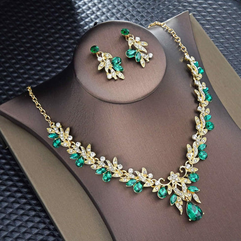 Gold Necklace Earrings Jewelry Set for Women, Bridal Gold Jewelry Teardrop Green Rhinestones Jewelry Set, Prom Jewelry Set for Bride Bridesmaid We...