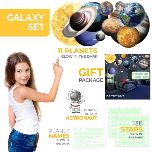 Glow in The Dark Planets, Bright Solar System Wall Stickers -Sun Earth Mars and so on,9 Glowing Ceiling Decals for Bedroom Living Room,Shining Spa...
