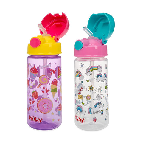 Nuby 2-Pack Kid’s Printed Flip-it Active Water Bottle with Push Button Cap and Soft Straw - 18oz / 540ml, 18+ Months, 2-pack, Prints May Vary...