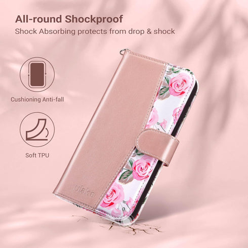 ULAK Compatible with iPhone 15 Pro Wallet Case with Card Holder, Flower Flip Case Wallet for Women Girls PU Leather Kickstand Wrist Strap Shockpro...