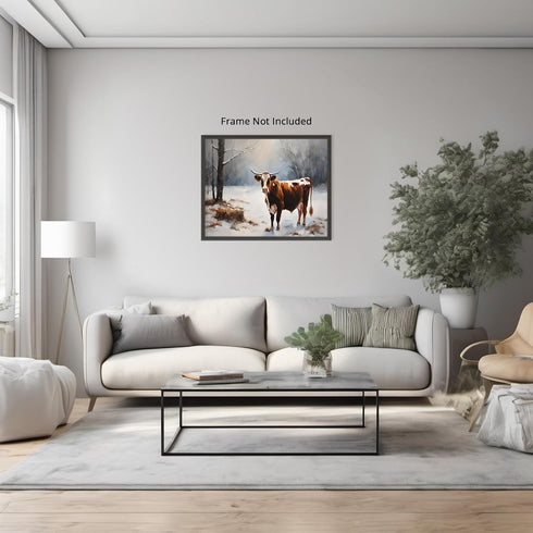 Posterizer 1 pcs-cute cow in snowy winter scene-oil painting style-2-Art for Animal Lovers-Landscape & Nature Art-Decor for Home & Office- unframe...