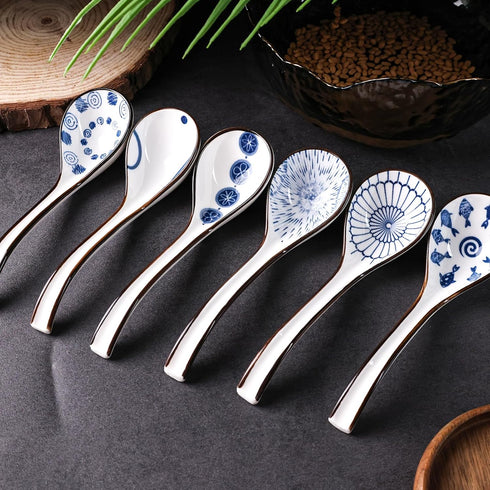 HANSGO 6PCS Asian Ceramic Soup Spoons, 6.5 Inch Chinese Soup Spoons Long Handle Noodle Soup Spoons for Ramen Wonton Dumpling...