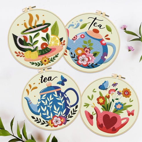 FREEBLOSS 4 Set 8'' Embroidery Kit for Beginners Embroidery Set Afternoon Tea and Flowers Patterns Embroidery Starter Kit with Instructions Includ...