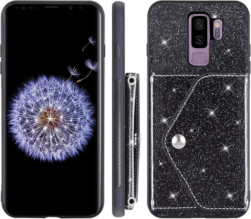 Asuwish Phone Case for Samsung Galaxy S9 Plus Wallet Cover with Tempered Glass Screen Protector and Crossbody Strap Lanyard Bling Glitter Credit C...