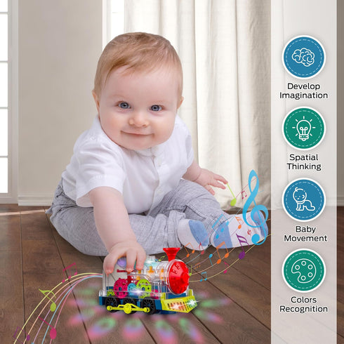Music Train Toy with LED Light up for Kids - Colorful Moving Transparent Gears for Toddlers -Tummy Time Crawling Baby Toys -Ideal Gift for Boys Gi...