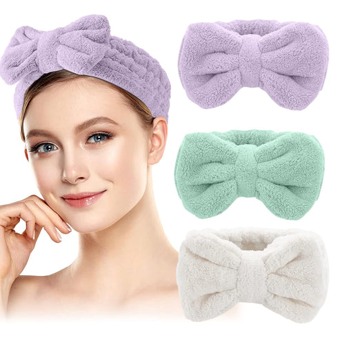 Spa Headband – 3 Pack Bow Hair Bands Women Facial Makeup Headbands Soft Coral Fleece Elastic Head Wraps for Bathing Shower Skincare Washing Face (...